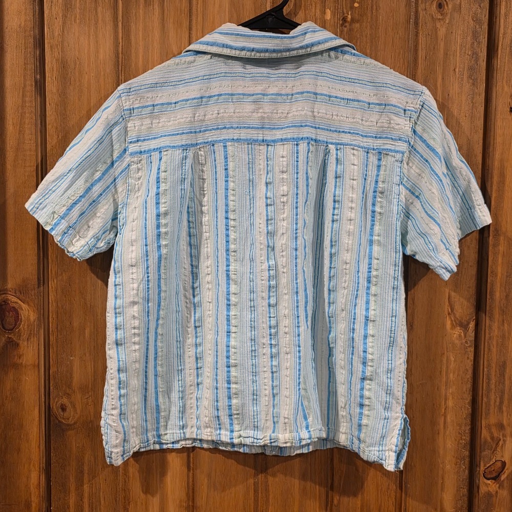 Sara Studio Button-Up‎ Shirt Womens Small White Blue Striped Short Sleeve Pocket - Picture 2 of 4